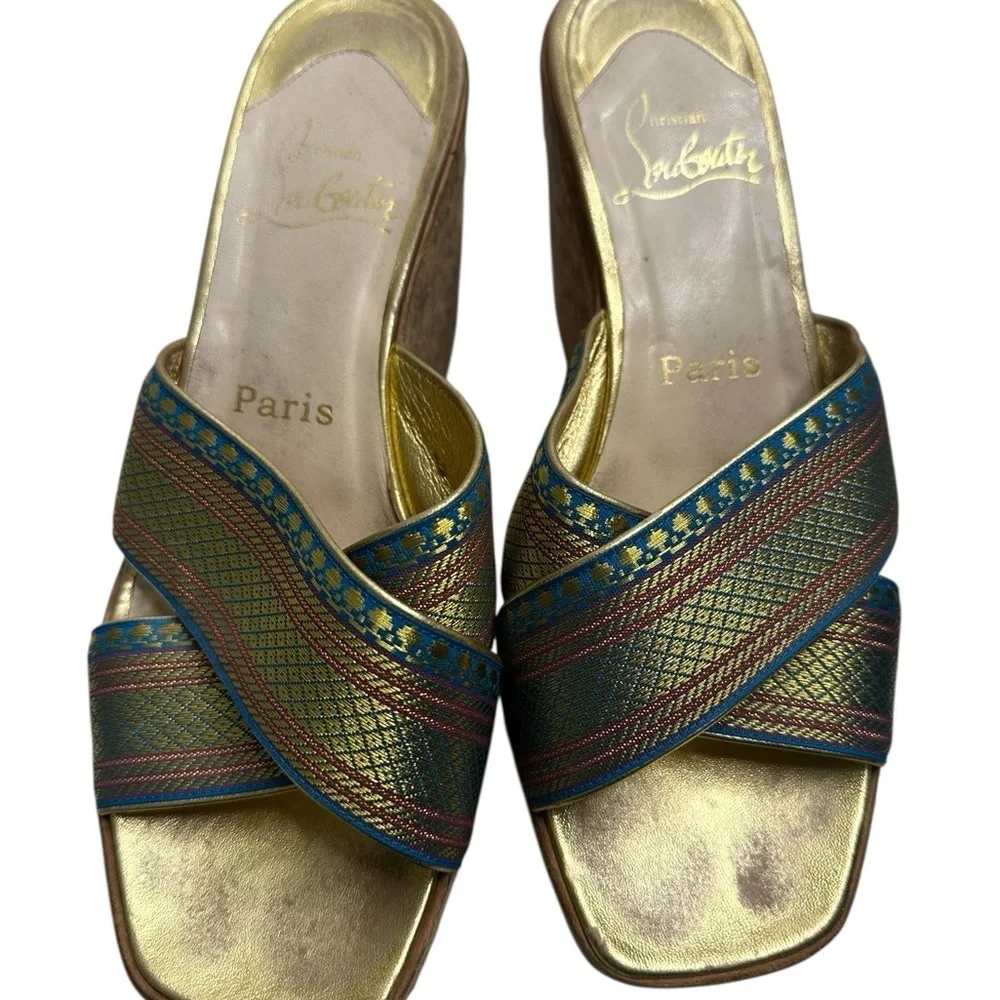 Christian Louboutin Gold and Blue Wedge Sandals, pre-owned, SZ 6.5